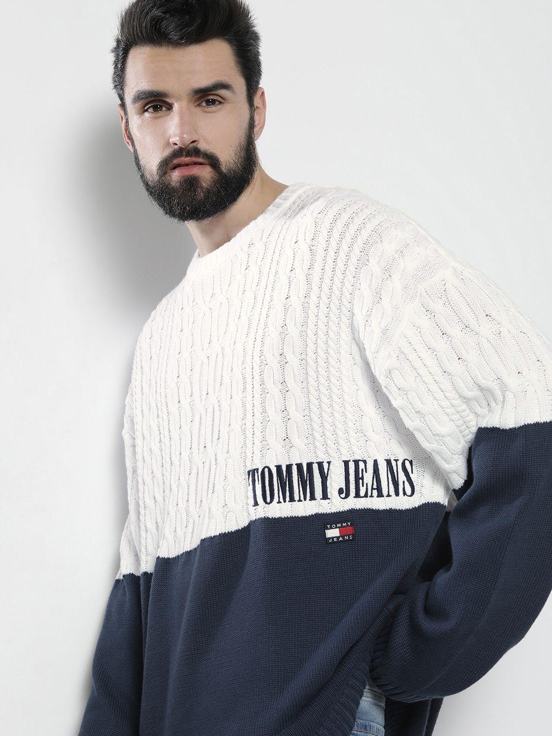 tommy hilfiger men white & navy blue skater archive colourblocked pure cotton pullover