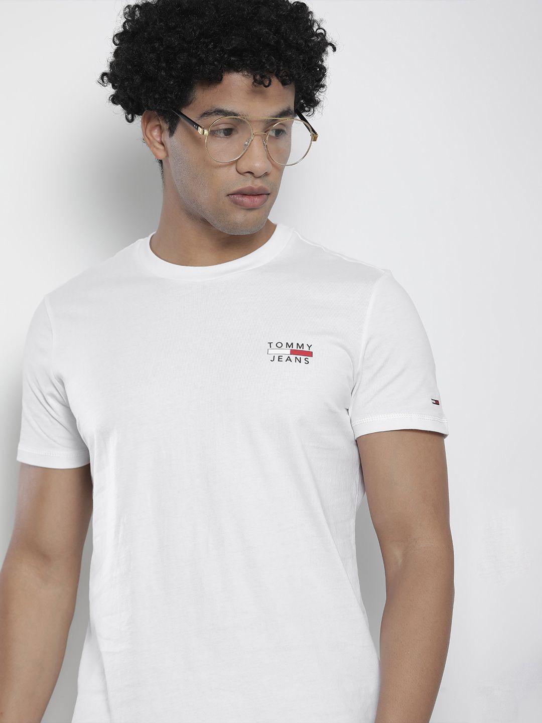 tommy hilfiger men white brand logo printed pure cotton slim fit t-shirt