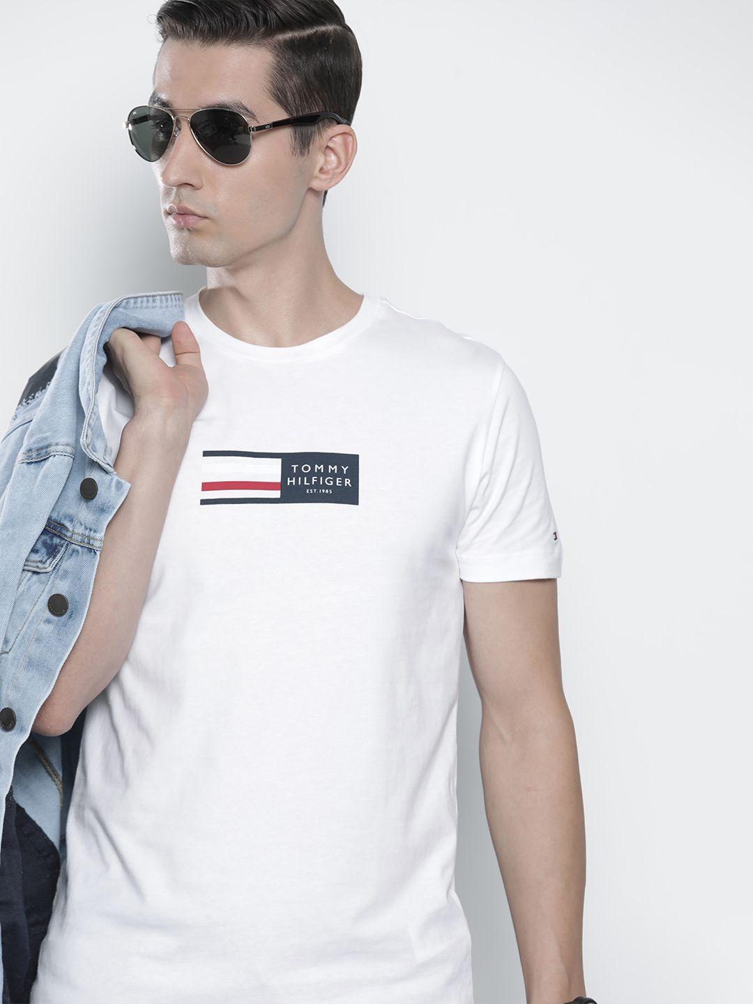 tommy hilfiger men white brand logo printed slim fit t-shirt