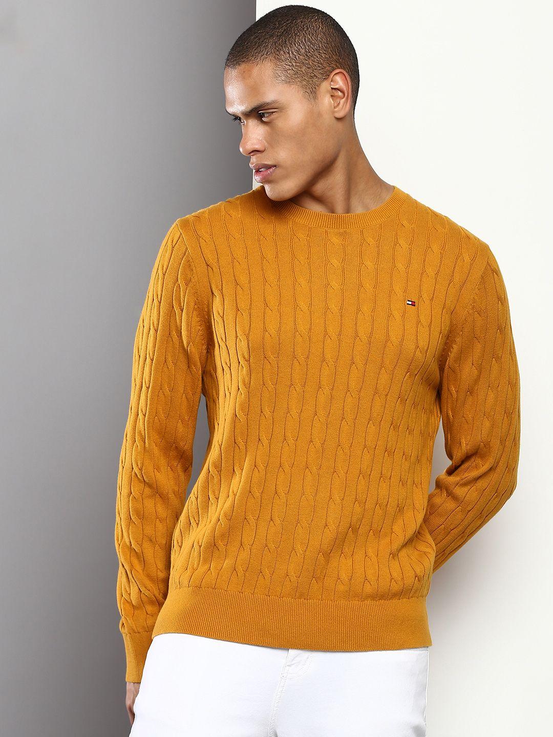 tommy hilfiger men yellow cable knit pullover