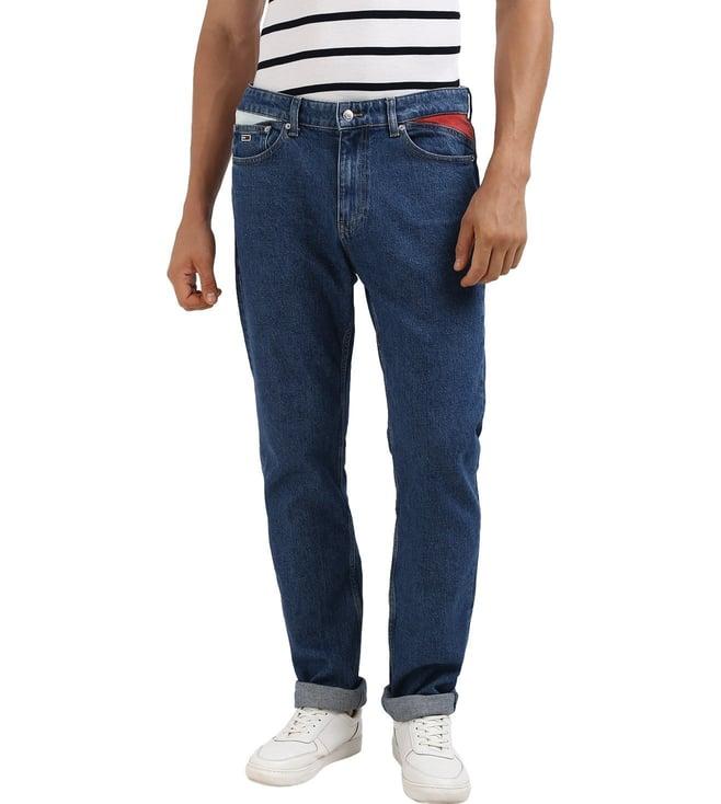 tommy hilfiger mid blue cotton solid men straight fit jeans