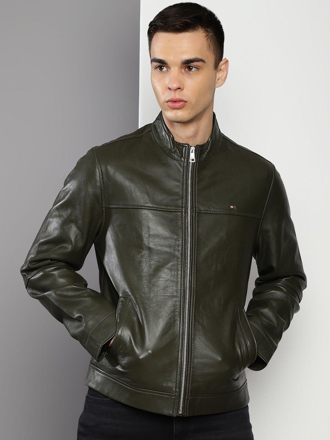 tommy hilfiger mock collar leather biker jacket