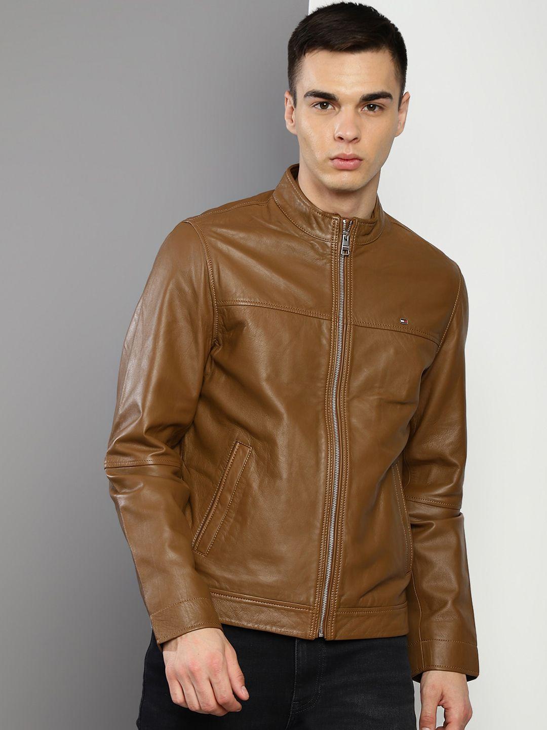 tommy hilfiger mock collar leather biker jacket