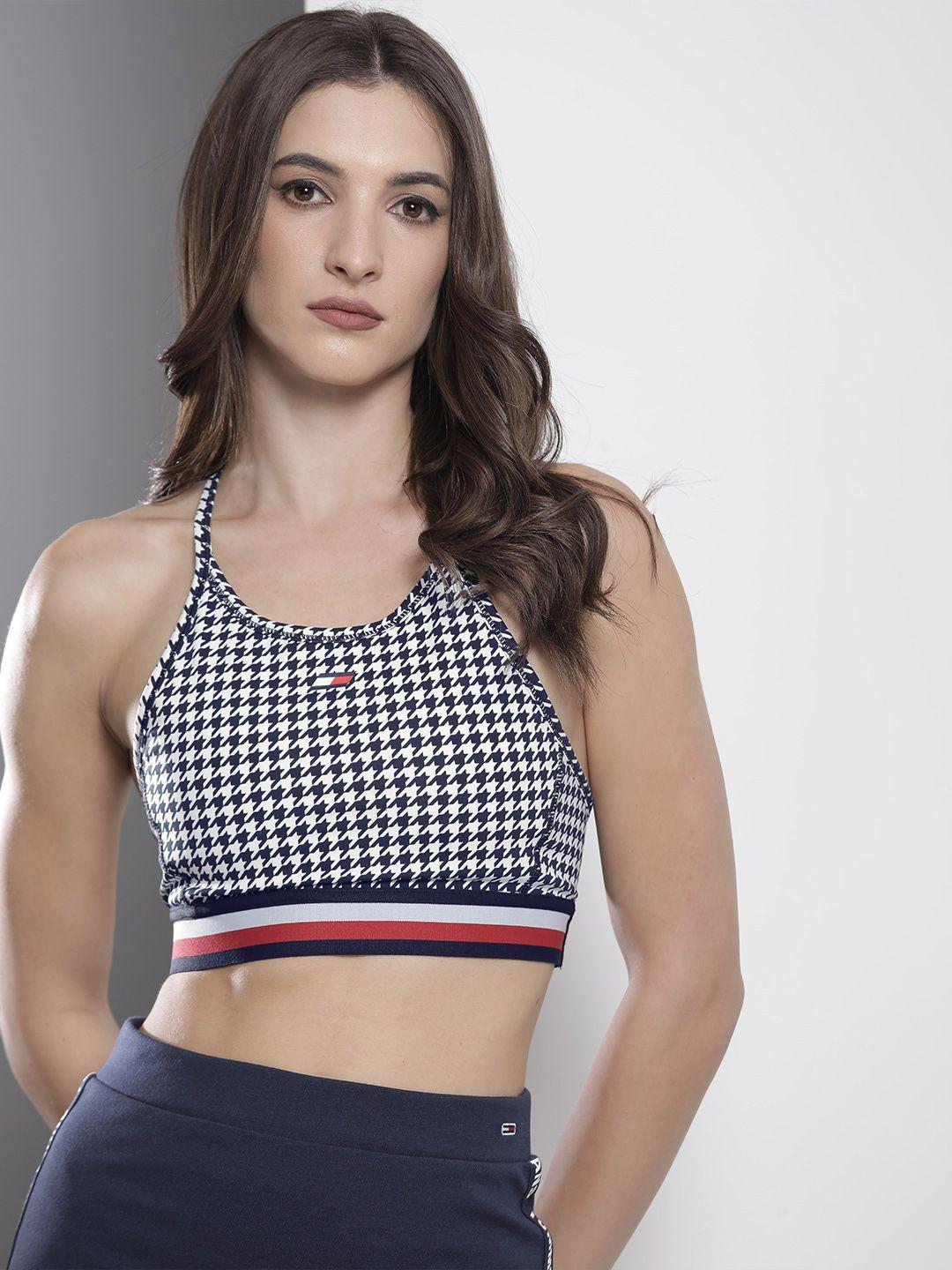 tommy hilfiger navy blue & white printed bralette crop top