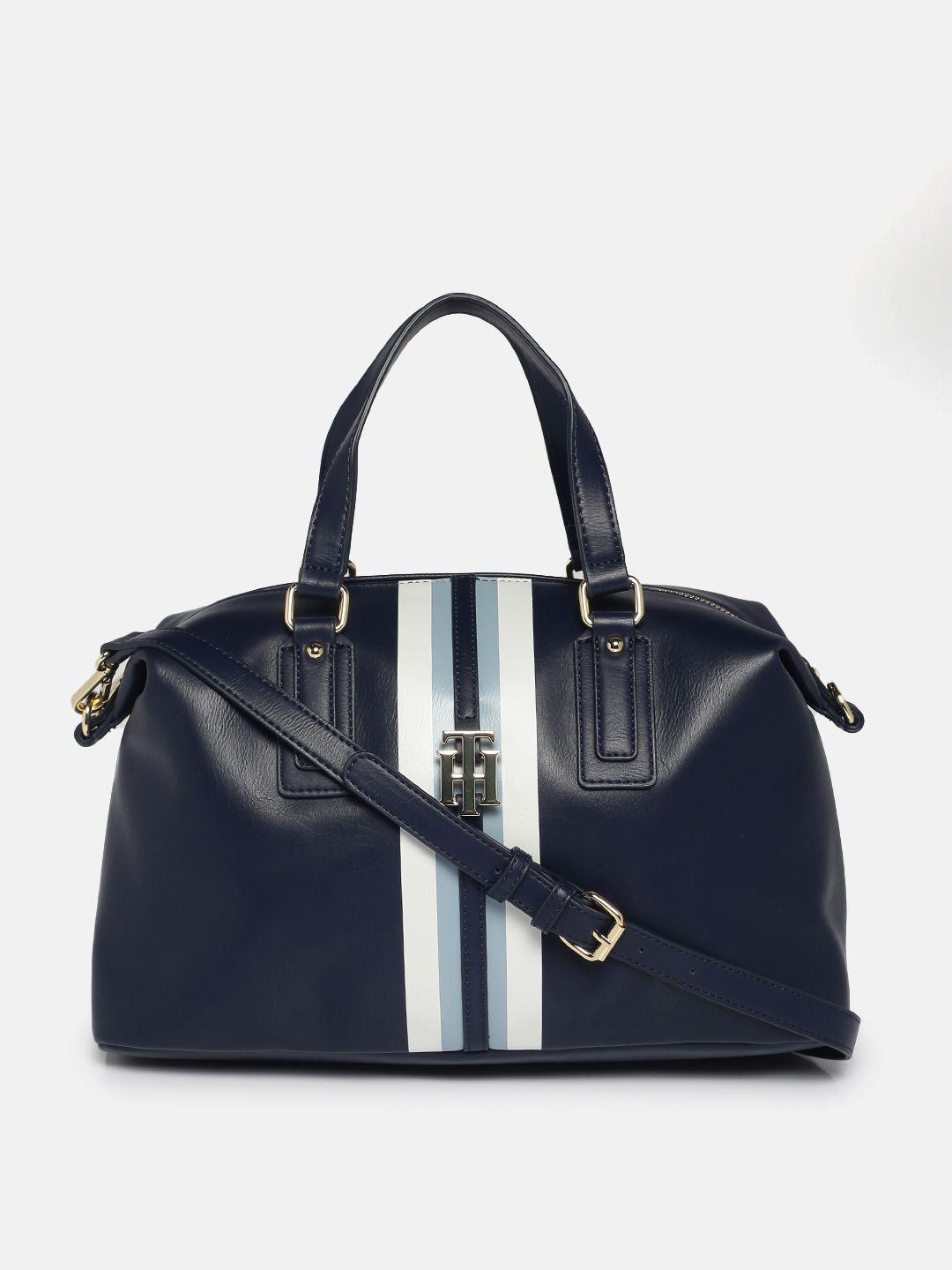 tommy hilfiger navy blue striped pu structured handheld bag
