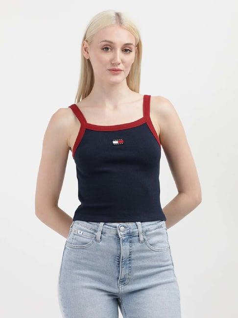 tommy hilfiger navy cotton logo patch work top