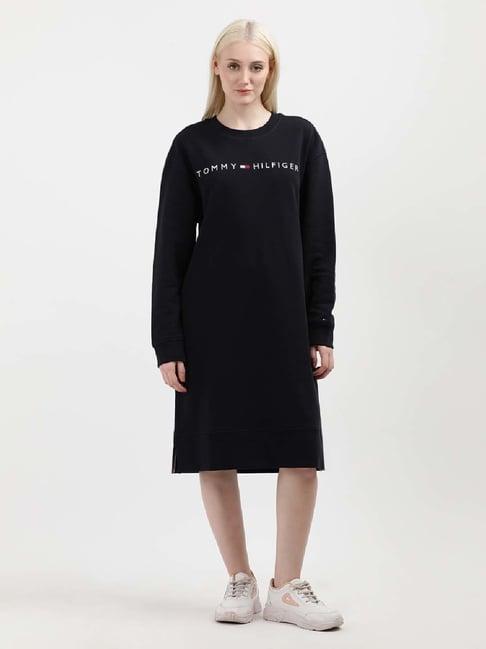 tommy hilfiger navy cotton logo print a-line dress