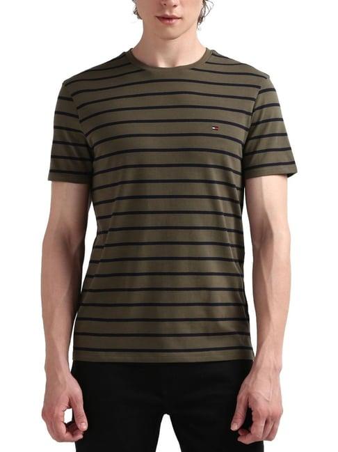 tommy hilfiger olive cotton slim fit striped t-shirt