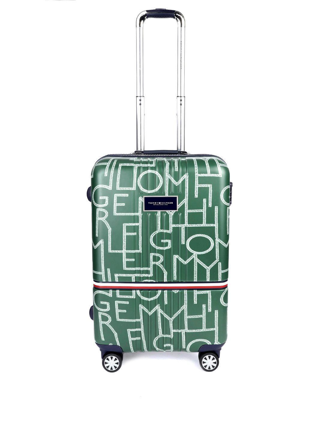 tommy hilfiger olive green & white brand logo print hard-sided medium trolley bag- 84.97l