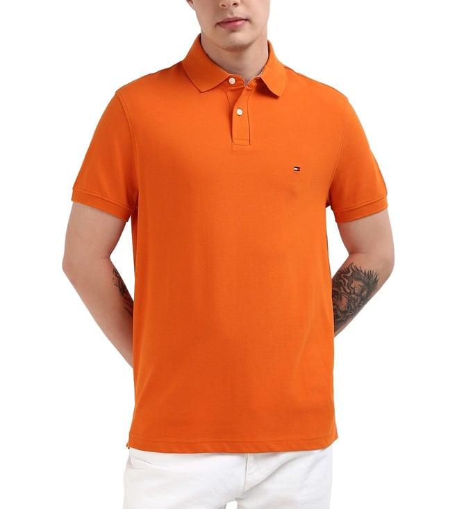 tommy hilfiger orange cotton solid men regular fit polo t-shirt