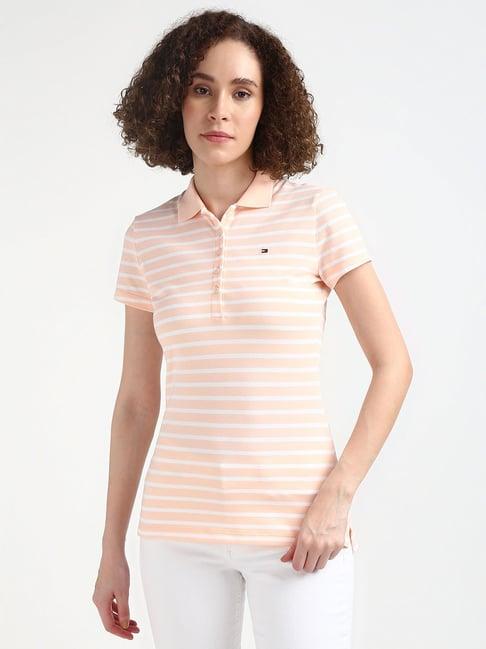 tommy hilfiger orange cotton striped polo t-shirt