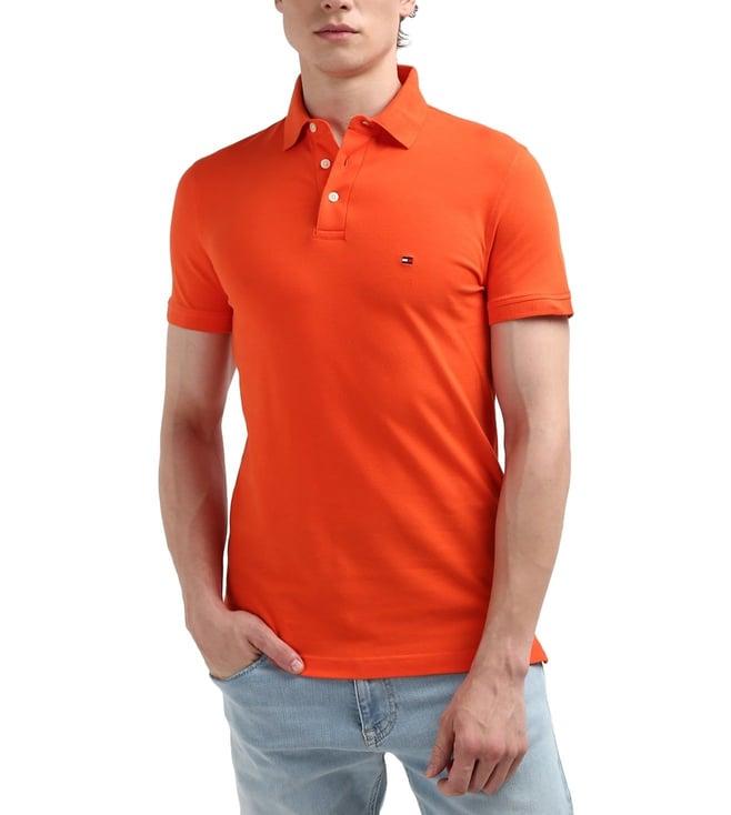 tommy hilfiger orange solid cotton men polo t-shirt