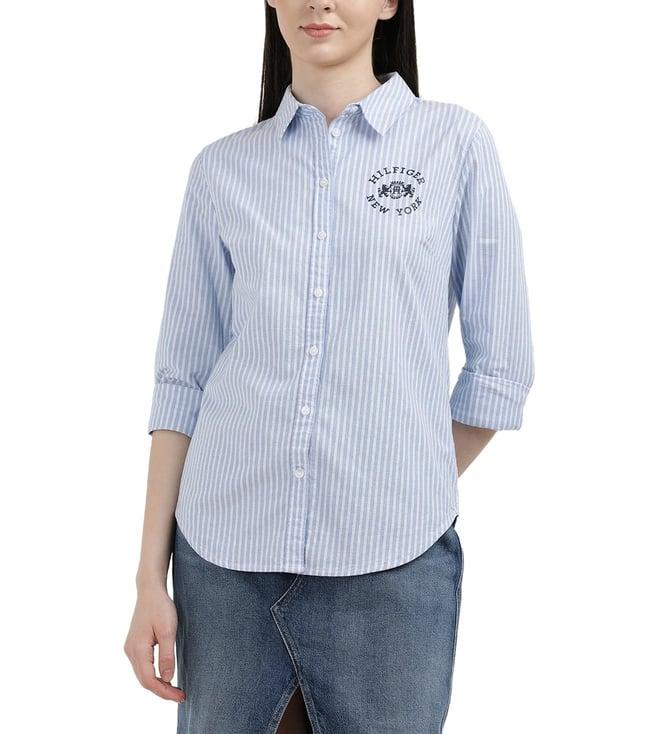 tommy hilfiger parade blue & optic white womens striped regular shirt