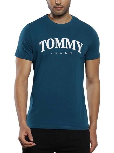 tommy hilfiger petrol cotton slim fit logo printed t-shirt