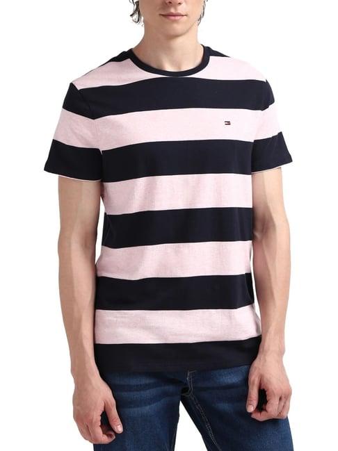 tommy hilfiger pink cotton regular fit striped t-shirt