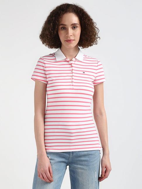 tommy hilfiger pink cotton striped polo t-shirt