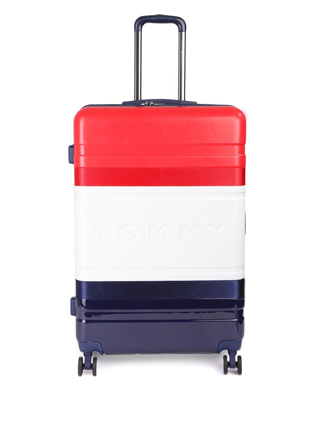 tommy hilfiger red & white 4 wheels 360-degree rotation medium hard trolley bag