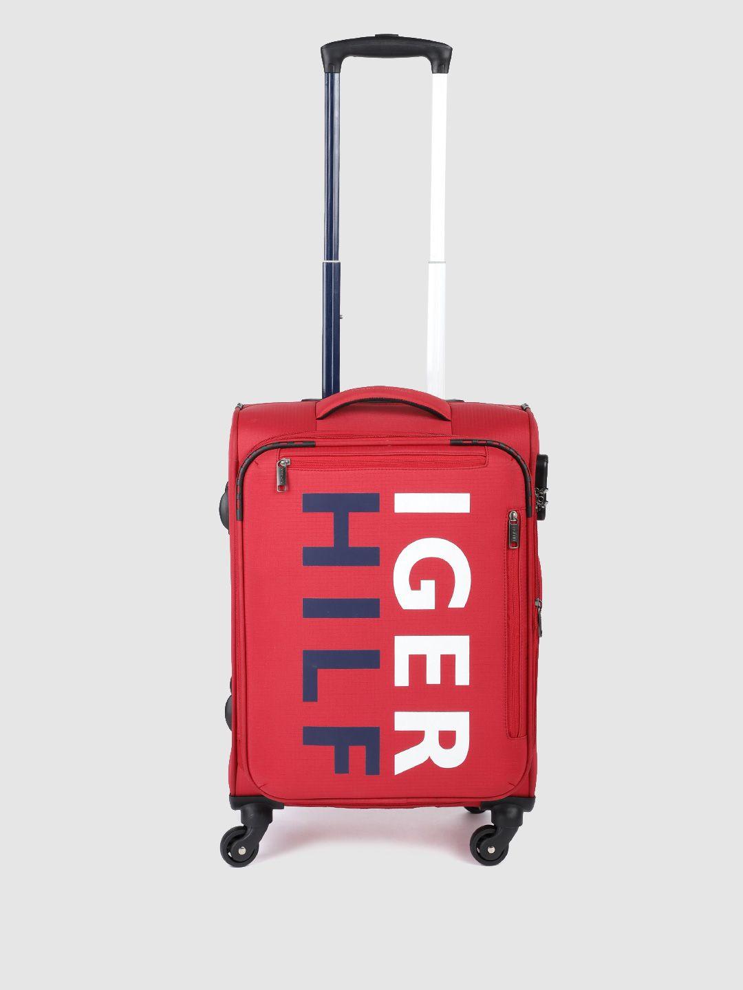 tommy hilfiger red & white brand logo print soft luggage trolley 50 litres