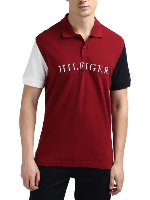 tommy hilfiger red colour-block regular fit polo t-shirt