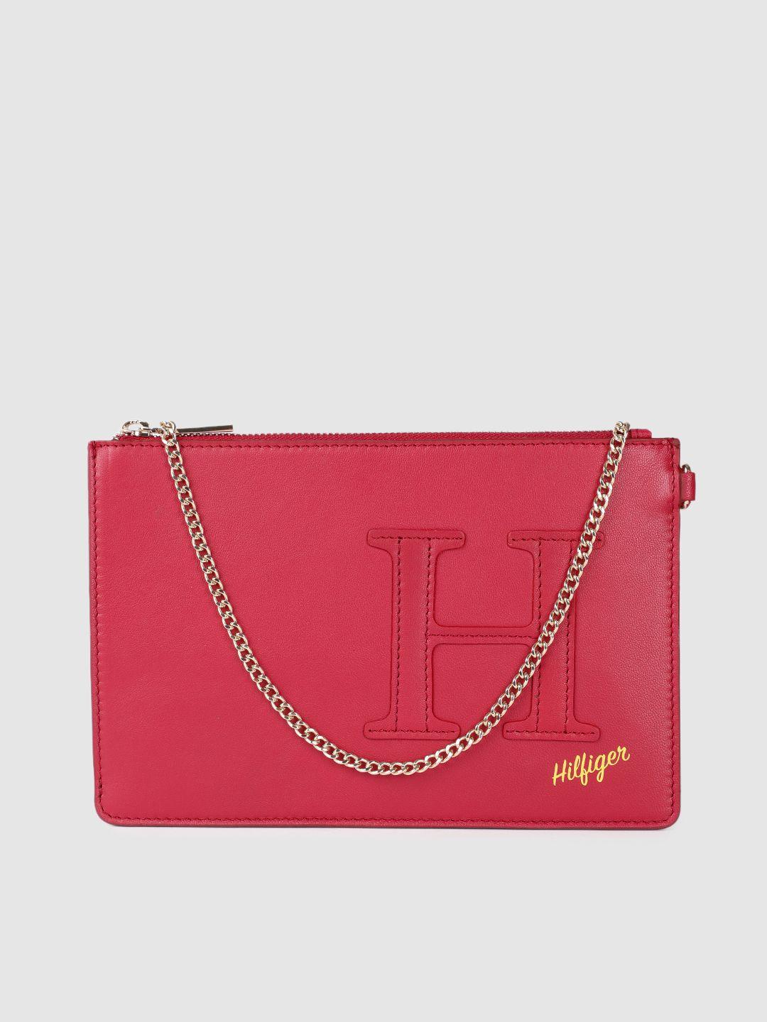 tommy hilfiger red leather regular structured sling bag with brand logo applique detail