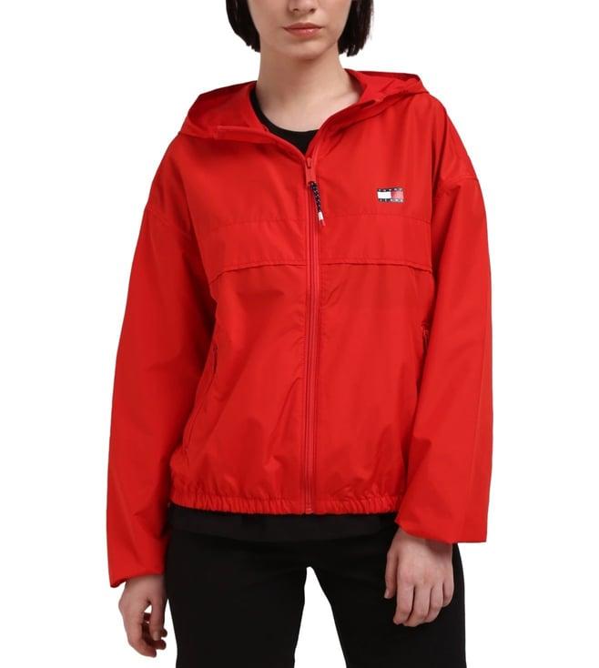 tommy hilfiger red polyester solid women regular fit jacket