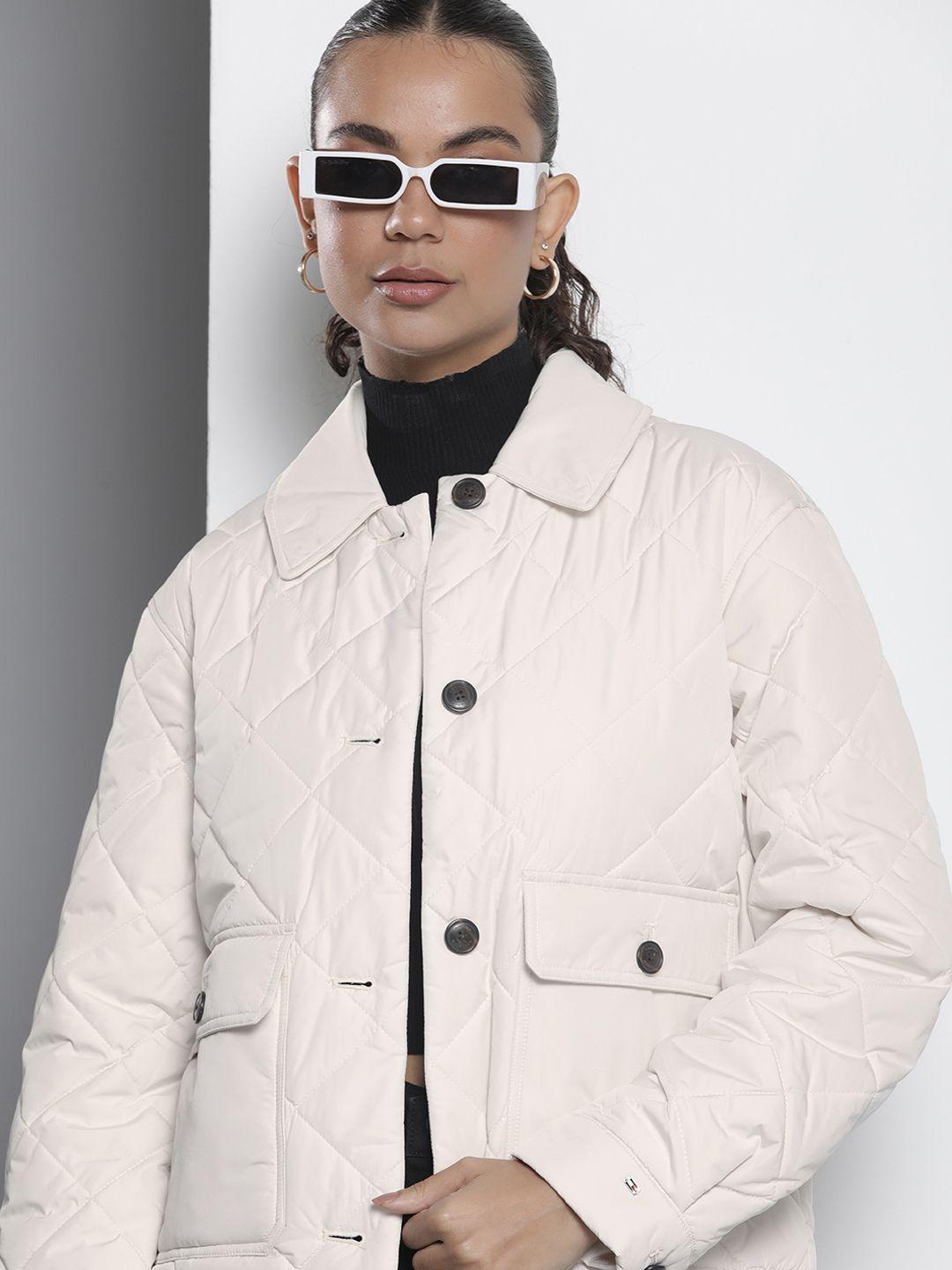 tommy hilfiger solid spread-collar padded jacket