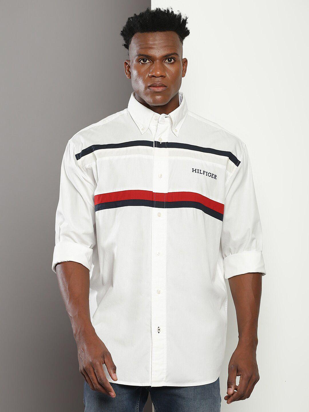 tommy hilfiger striped spread collar regular fit opaque cotton casual shirt