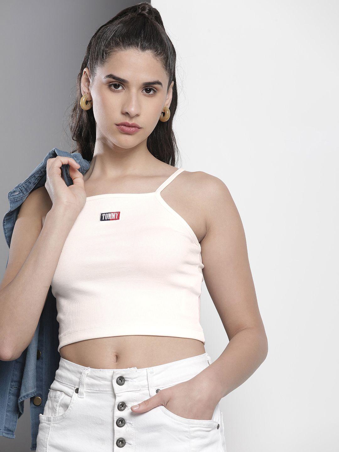 tommy hilfiger sustainable solid shoulder straps crop top