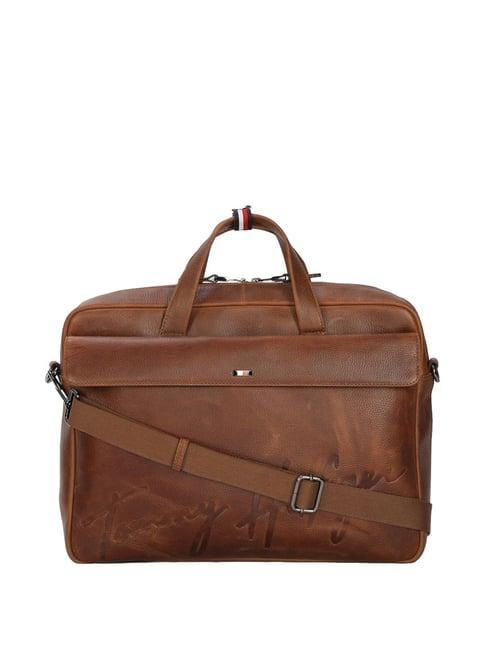 tommy hilfiger tan leather large laptop messenger bag