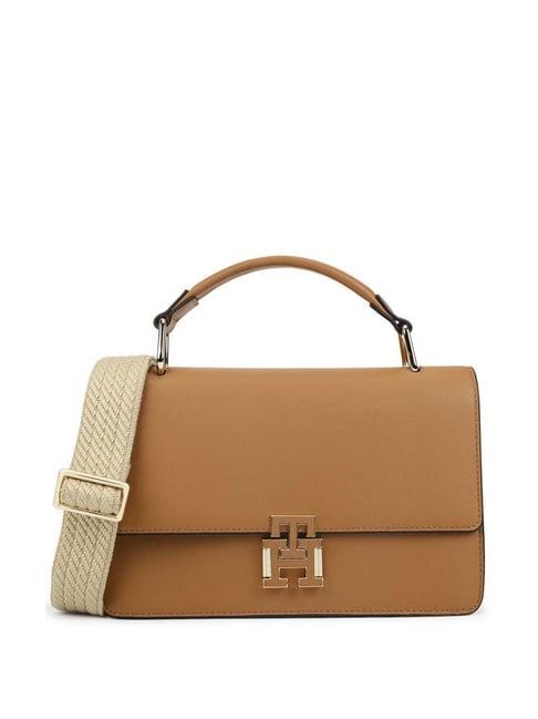 tommy hilfiger tan leather medium satchel