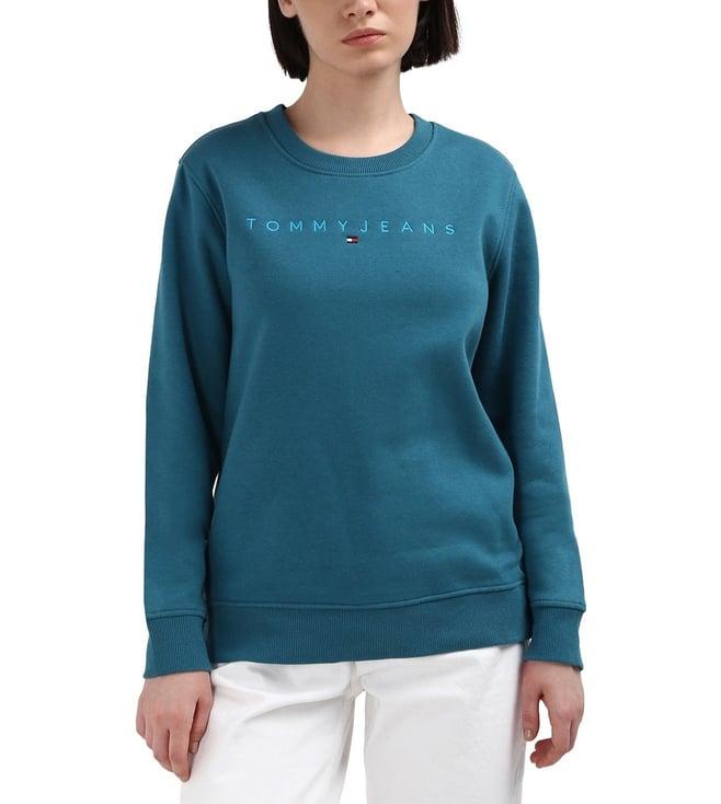 tommy hilfiger teal solid cotton women pullover sweatshirt