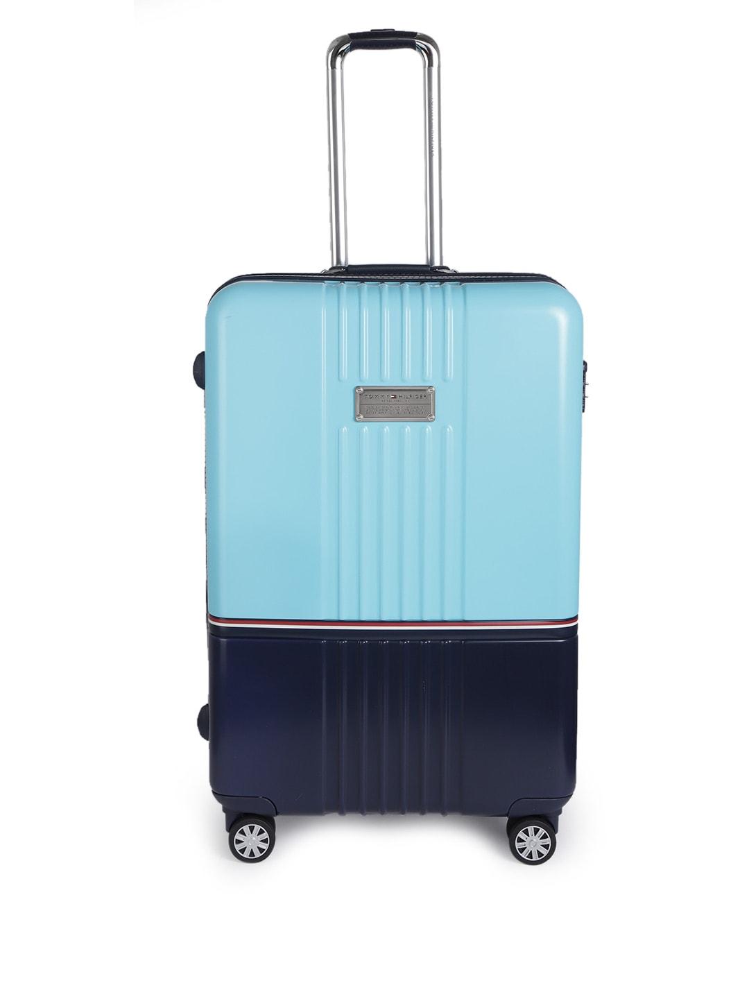 tommy hilfiger turquoise blue & navy blue colourblocked large hard luggage