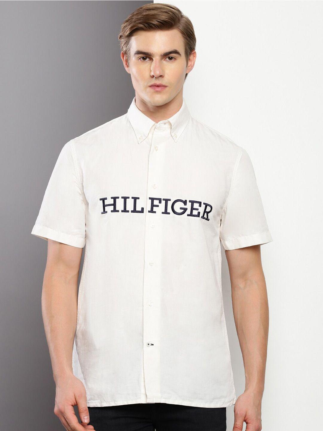 tommy hilfiger typography button-down collar cotton linen casual shirt