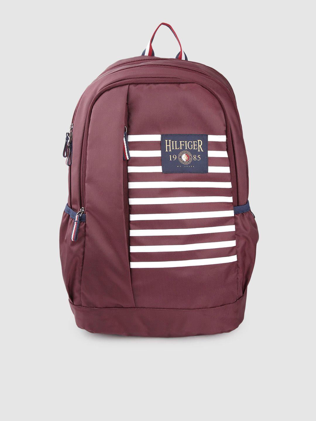 tommy hilfiger unisex burgundy & white striped applique backpack 33.7 l