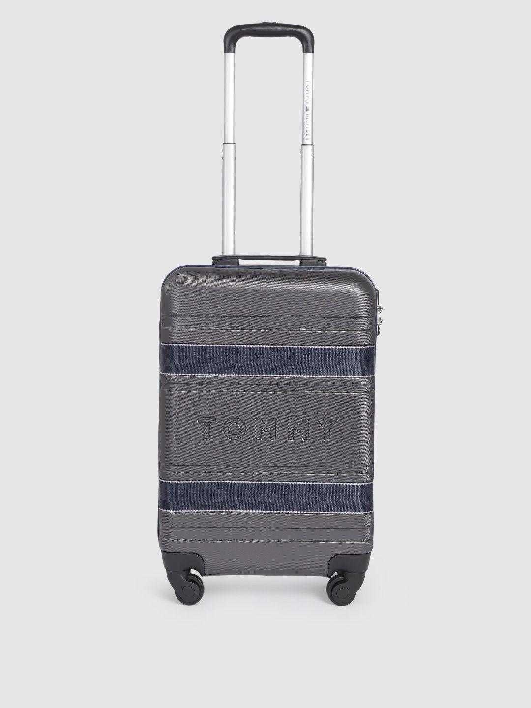 tommy hilfiger unisex grey & navy blue brand logo texture cabin trolley bag  - 45litres