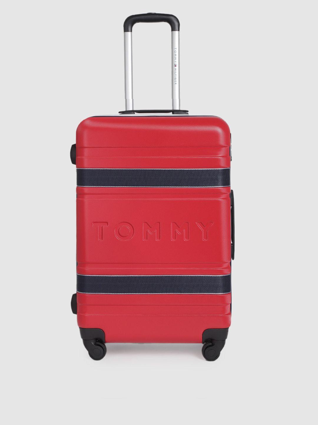 tommy hilfiger unisex red & navy blue colourblocked hard 4 wheels medium trolley bag