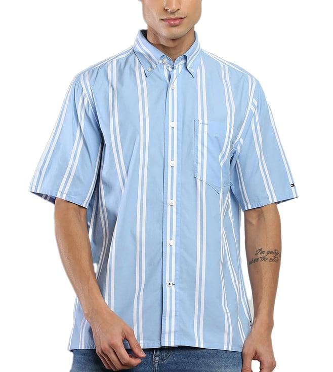 tommy hilfiger vessel blue & optic white stripes regular fit shirt