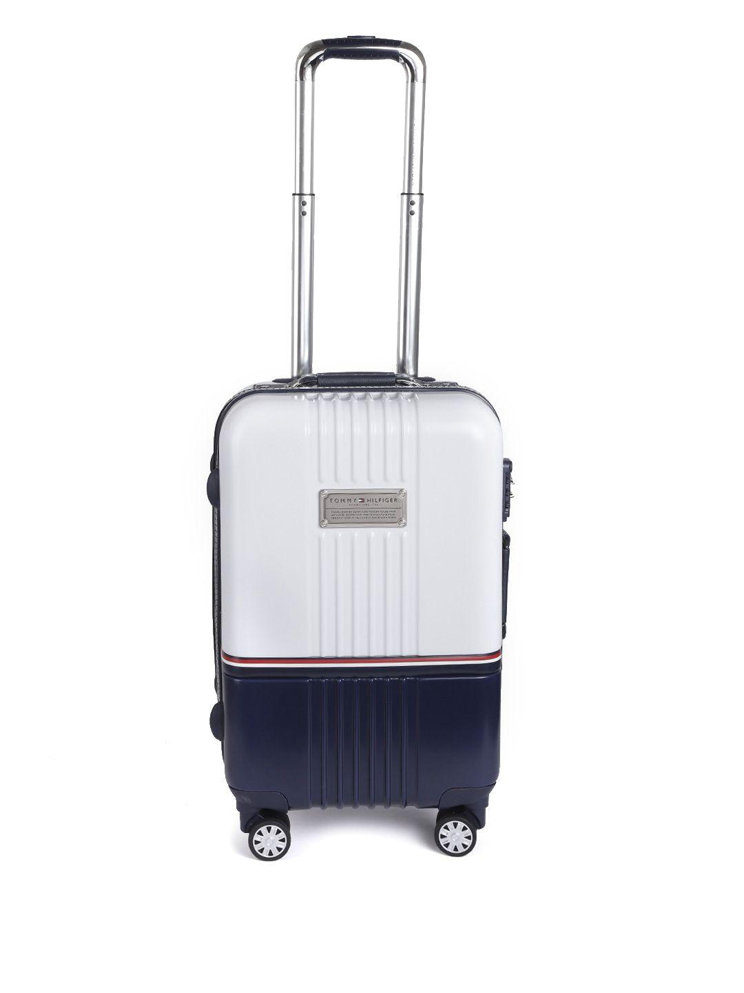 tommy hilfiger white & navy blue hard luggage trolley bag