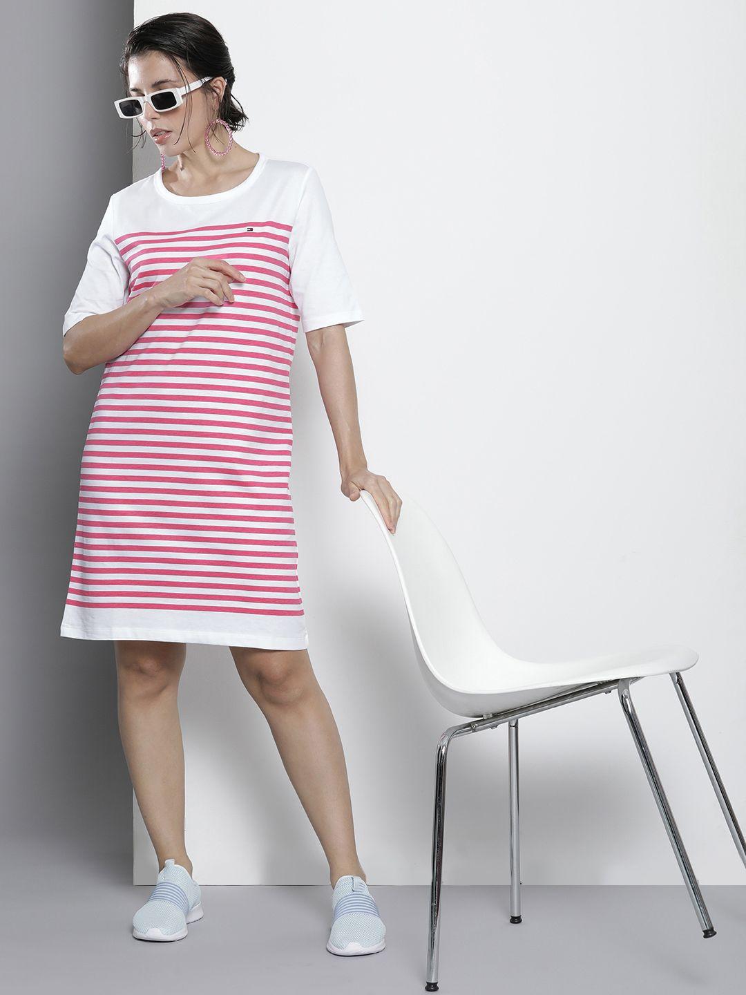 tommy hilfiger white & pink striped pure cotton t-shirt dress