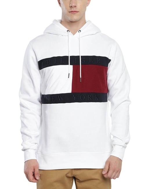 tommy hilfiger white & red regular fit colour block hooded sweatshirt