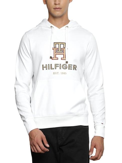 tommy hilfiger white cotton regular fit embroidered hooded sweatshirt