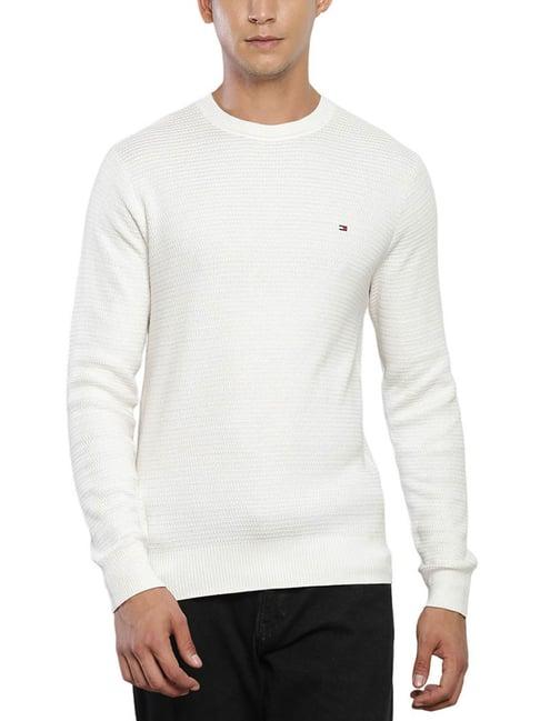 tommy hilfiger white cotton regular fit self pattern sweater