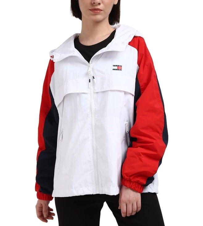 tommy hilfiger white nylon colorblock women regular fit windbreaker jacket