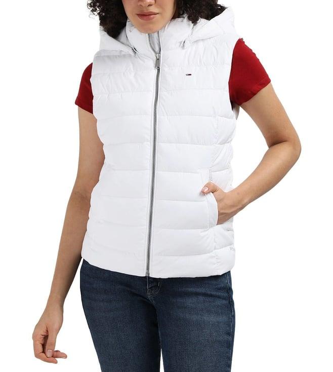 tommy hilfiger white polyester solid women slim fit padded jacket