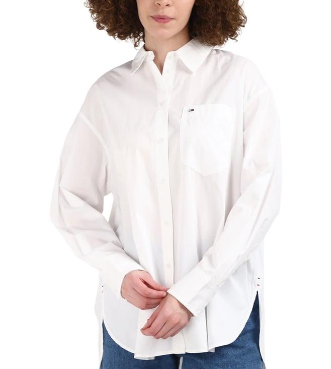 tommy hilfiger white solid pure cotton women's shirt