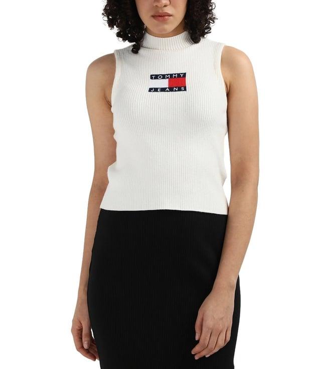 tommy hilfiger white viscose solid women slim fit tank sweater