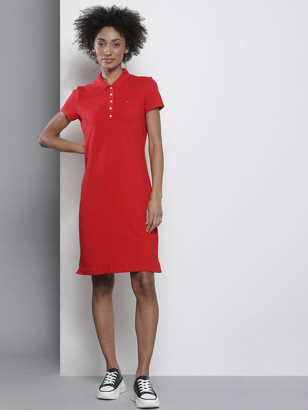 tommy hilfiger womem red solid polo collar t-shirt dress