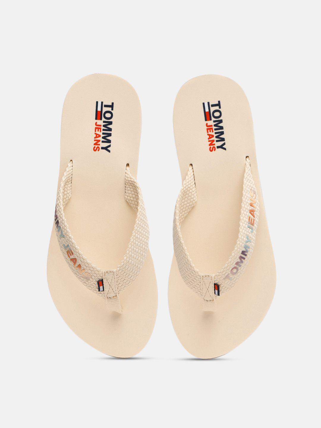 tommy hilfiger women beige brand logo printed thong flip-flops