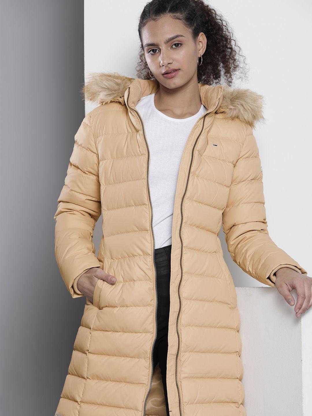 tommy hilfiger women beige longline puffer jacket with faux fur hood