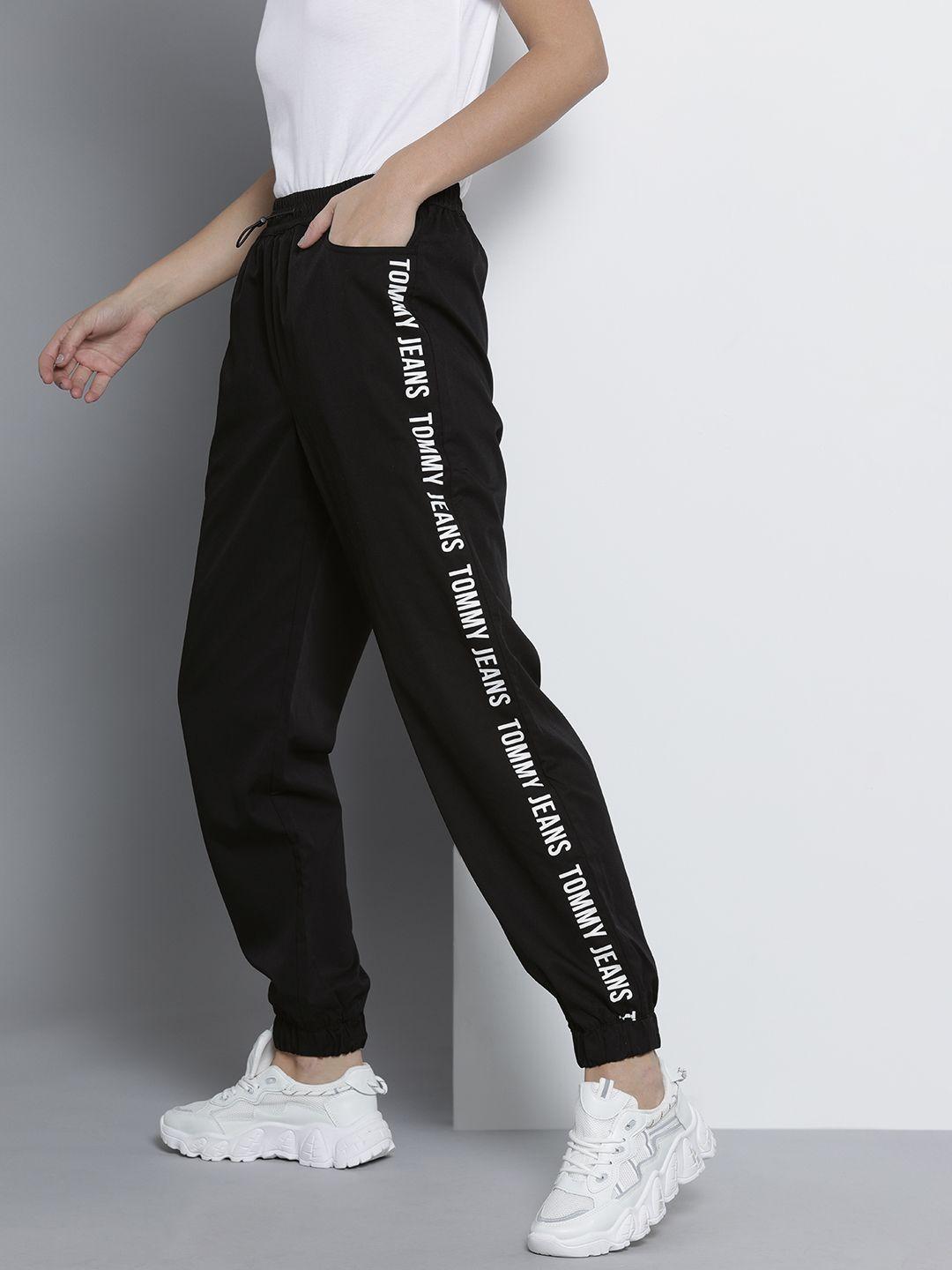 tommy hilfiger women black brand logo printed relaxed fit joggers